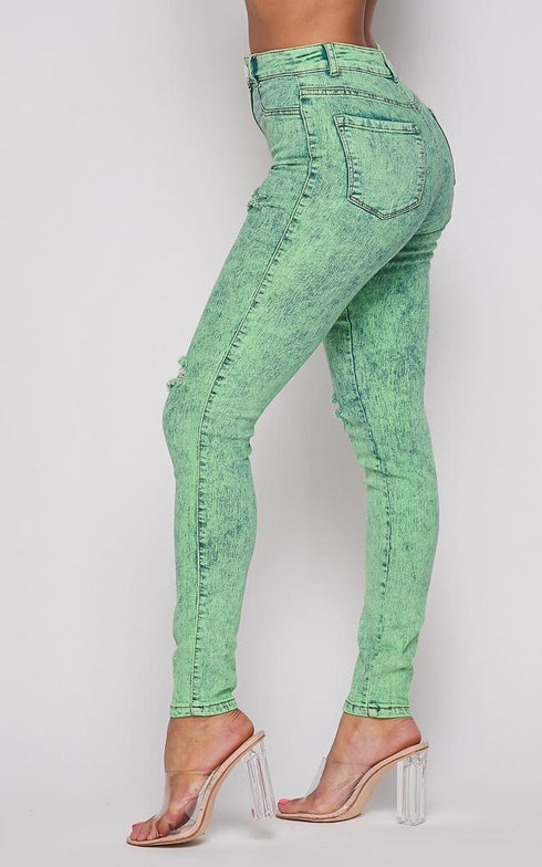 Acid Wash Slightly Ripped Stretchy Skinny Jeans - Green - SohoGirl.com